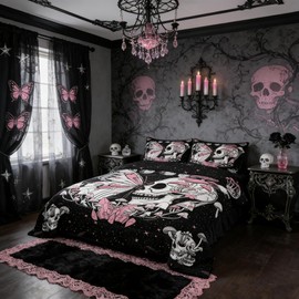 Butterfly Skull Comforter Set Queen Size Pink Mushroom Quilted Duvet Gothic Starry Galaxy Moon Bedding Set 3pcs for Kids Teens Girls Boys Bedroom Decor Trippy Plants Duvet Insert,2 Pillowcases