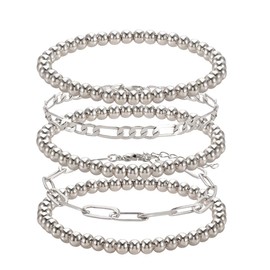 ARATLENCH Beaded Bracelet Link Chain Bracelet Set for Women Stack Stretch Beads Bracelets Minimlist Paperclip Figaro Link Chain Bracelets (silver bracelet set)