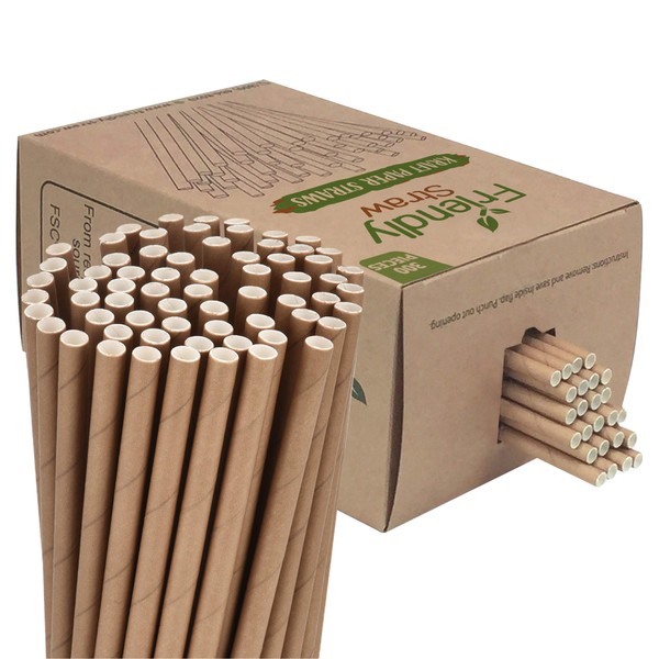 Friendly Straw 300 Pack Biodegradable Kraft Paper Straws, 7.75" x .25" Drinking Paper Straw Bulk Pack