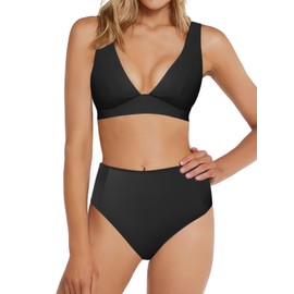 MIKETAI Swim Suits for Women 2 Piece High Waisted Bikini Sets Deep V Neck Bathing Swimming Suits Women's Swimwear Swimsuit (US, Alpha, Medium, Regular, Regular, Black)