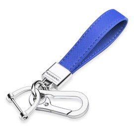 QBUC Genuine Leather Car Keychain,Universal Heavy Duty Metal Key Chain Accessories,Car Fob Key Keychain Holder with 360 Degree Rotatable Snap Swivel and Anti-Lost D-Ring for Men Women(Dark Blue)