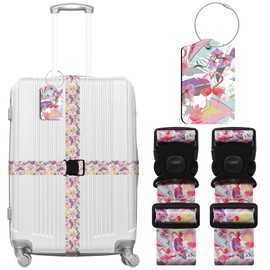 ZHOMA 3 Pack Luggage Straps Tags Set for Suitcases, Travel Adjustable Belt with Quick Release Buckle and Name ID Label Card, Heavy Duty Nylon Bag Packing Strap for Business - Flamingo