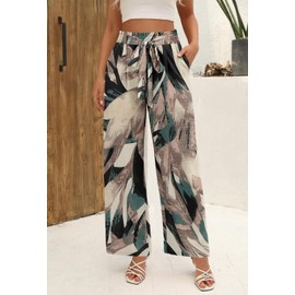Angerella Womens Fashion Print Palazzo Pants Summer Wide Leg High Waist Adjustable Knot Boho Casual Lounge Pant Trousers with Pocket BeigeGreen L