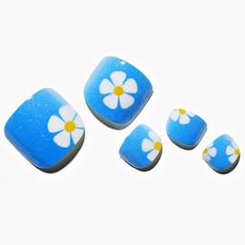 GLAMERMAID Press on Toenails, Spring Summer Glitter Blue Flower Gel Glue on Toe Nails, Glossy Round Toe Nails Reusable UV Finish Fake Nails Acrylic False Nails Manicure Kits for Women