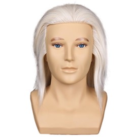 Male Mannequin Head, 8 inches, White, 100% Real Hair, Hairdresser Training Head with Shoulder, Manikin Cosmetology Doll Head for Hair Styling, Competition (White)