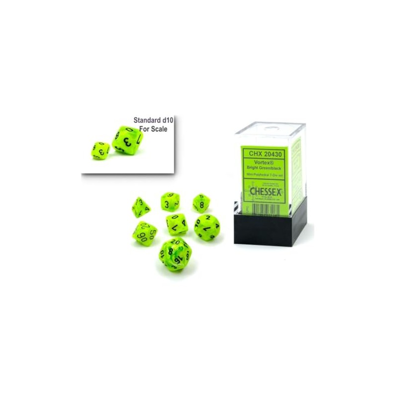 Chessex Dice Set – 10mm Vortex Bright Green/Black Plastic Polyhedral