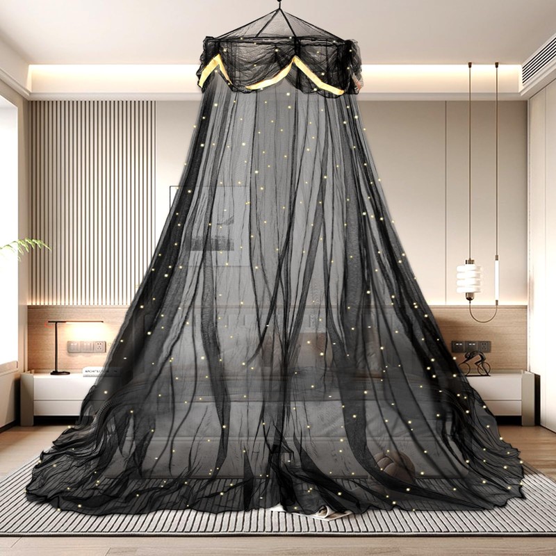 Black Bed Canopy with Star Light Round Hoop Mosquito Net