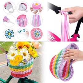 YANGUN Children's Bicycle Basket, Children's Bicycle Handlebar Basket, Rattan Bicycle Basket for Children, Bicycle Basket Children Front with Leather Straps Streamers Bicycle Bell Sticker