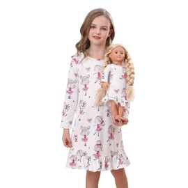 Bow Dream Toddler Girls Casual Dress and Matching American Girl Doll Clothes for Girls Cute Kids Dress Party Birthday White Cartoon Size 150