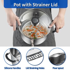 SLOTTET 8 Quart Stainless Steel Stock Pot with Strainer Glass Lid,8 Qt Multipurpose Stockpot with Pour Spout,Stay-cool silicone Handle.