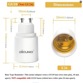 DiCUNO GU10 to E26 Light Bulb Socket Adapter, 2-pin Base to Standard E26 Screw Base Bulb Socket Converter, Maximum 200W and 150℃ Heat-Resistant, 6 Packs