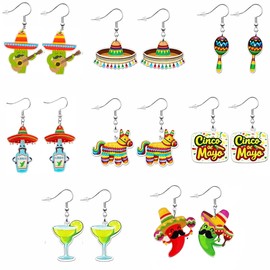8 Pairs Cinco de Mayo Earrings Set, Mexican Fiesta Acrylic Dangle Earrings, Taco Margarita Chili Pepper Cactus Sombrero Maracas Piñata Llama, Party Accessories