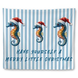 Mcehtle Coastal Christmas Beach Tapestry, Christmas Blue Striped Wall Tapestries, Ocean Beach Marine Life Sea Horse Wall Hanging Decor for Home Living Room Bedroom Office, 50x60 Inch