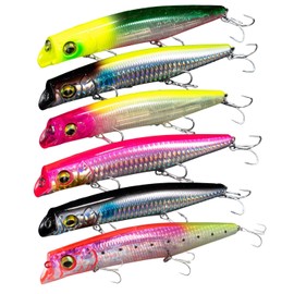 Sea Bass Lure, Lipless Minnow, Floating Shallow with Treble Hooks, 4.9 inches (125 mm), 0.8 oz (21 g), Center of Gravity Movement, 6 Pieces (All Colors)