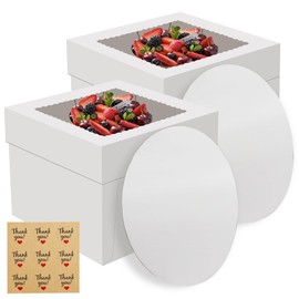 ZYFOTZUN ZYFOTZUN 2 Pack Cake Boxes, 10x10x8 Inches Tall Cake Box with Cake Boards, Disposable Cakes Carrier, Cakes Transport Container with Lid, White Bakery Boxes with Window, for Cookies Pies Cupcakes