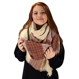 Peach Couture Warm Woven Oversized Striped Tartan Plaid Blanket Scarf Shawl Beige