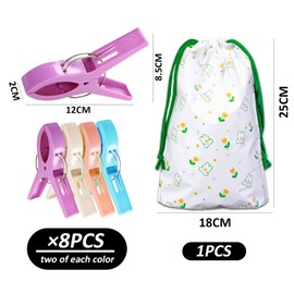 Set of 8 beach towel clips with 1 storage bag, towel clip, lounger clip, sunbed clip, large tack clip, sun lounger towel clip, sunbed pegs for beach towels (4 colors)