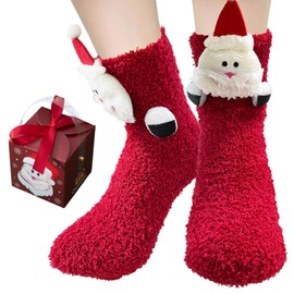 BINXWA Christmas Gifts For Women, Funny Socks, Fluffy Socks, Gift For Women, Cuddly Socks, Non-Slip Socks, Women's Christmas Stopper Socks, Women's Warm With Gift Box, Red Santa Claus, Einheitsgröße