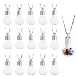 Hobbspring 16 Sets Glass Vial Bottle Necklace Stainless Steel Hourglass Memory Wish Bottle with Chain and Jump Ring Flat Round Glass Bottle Charm Screw Cap Bottles for Beads Perfume Hair Holder