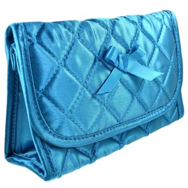 TropicaZona Travel Portable Purse Size Makeup Case Cosmetic Bag with Mirror, Quilted Satin Turquoise Teal