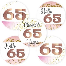 65th Birthday Sticker Labels by Adore By Nat - Sixtyfive Party Favors in Rose Gold and Pink - Set of 30