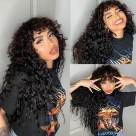 Doiwile Shaggy Haircuts Curly Wig with Bangs Human Hair 4x4 HD Lace Closure Human Hair Wig with Bangs Wear and Go Glueless Wigs with True Scalp for Black Women (Black,24inch)
