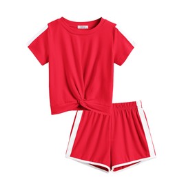 Arshiner Teen Girls Summer Outfits Soild Color Twist Front Top Shirts and Jogger Shorts Pant 2Pcs Tracksuit Athletic Outfit Red 13-14Y