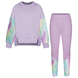 GRACE KARIN Girls Outfit Fall Pullover Cropped Sweatshirt Sweatpants Tracksuit 2 Piece School Sportwear Light Purple Leopard 12-14 Years