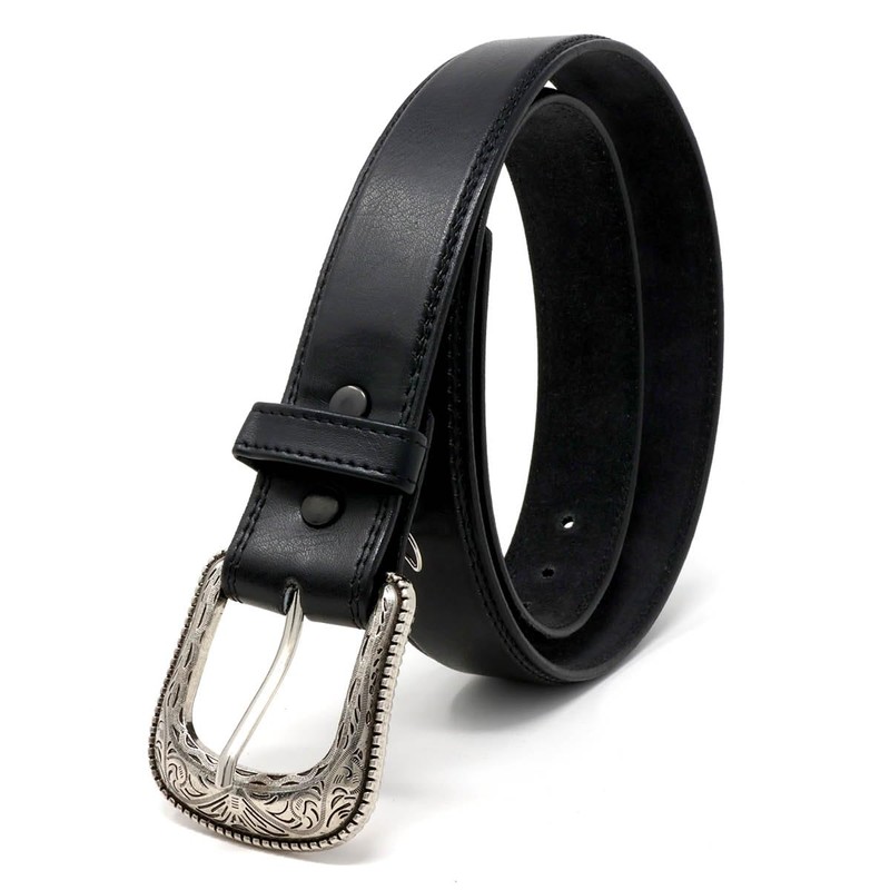 Cinturón de Piel Vacuna con Hebilla Vaquera Vintage (Negro, 38)