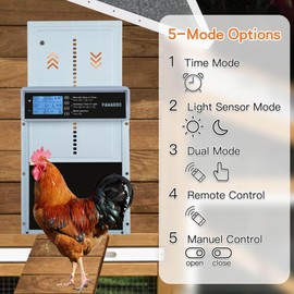 Automatic Chicken Coop Door, LCD Display, 5 Modes, Timer & Light Sensor, Solar Powered & Battery Charging Chicken Coop Door, Weatherproof Automatic Chicken Door with Remote Control