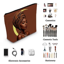 YULUENZE African American Lady Makeup Bag Cute Small Canvas Organizer Bag with Zipper Moon Black Woman Cosmetic Bag Aesthetic Birthday Present for Women Sisters Friends