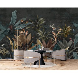 TUNDJ - Tropical Botanical Wallpaper Dark Jungle Plant Leaf Wall Mural for Living Room Bedroom（Not Peel and Stick）