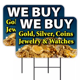 We Buy Gold Silver Jewelry 2 Pack Double-Sided Yard Signs 16" x 24" with Metal S
