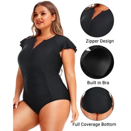 Holipick Plus Size One Piece Swimsuit for Women Tummy Control Cap Sleeves Bathing Suits Zipper Front Rash Guard Swimwear Black