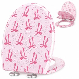 Tudomro Pink Bow Toilet Seat with Soft Round Close Decorative Uf Material Quiet Close Toilet Seat Easy to Clean Install Quick Release Hinges Pink Bow Design for Girly Bathroom Home Decor