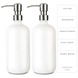 Emerson Essentials Glass Soap Bottle Dispensers, 2 Pack, Stainless-Steel Pumps Rust-Free, Hand Set for Bathroom Kitchen Sink, Liquid Lotion Shampoo with 4 Waterproof Labels, 16 Oz White/Chrome