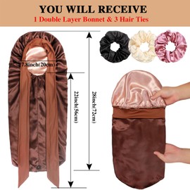 1+3 Long Satin Bonnets with Scrunchies for Women Sleeping, Double Layer Large Braid Bonnet with Tie Band, E