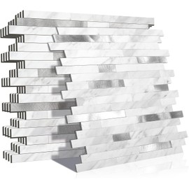 KASARO Peel and Stick Marble Backsplash Tile, 10 Sheets, White Marble with Silver Embellished Stripes, Self-Adhesive Wall Tile for Kitchen, Bathroom, Fireplace, RV (11.4” x 10.6”)