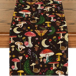 Mushroom Table Runner - Vintage Mushroom Tablecloth, Mushroom Party Decorations, Cottage Mushroom Kitchen Decor, Boho Modern Mushroom Fall Decor, Mushroom Birthday Decorations, 183 × 33cm (black)