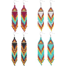 BBTO 4 Pcs Long Beaded Tassel Earrings Bohemia Colorful Native Handmade Statement Fringe Drop Earrings Boho Dangle Tassel Earrings for Women(Exotic)