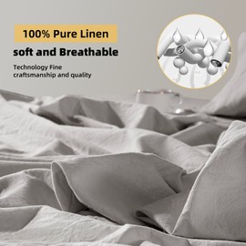 LBR02M France Linen Sheet Set King Size,Bed Sheets 4 Piece Sets,Solid Color Natural Flax Cotton Blend Soft Breathable Bedding,16 inches Deep Pocket,All Season,Grey