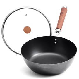 WANGYUANJI 10.24" (26 cm) Iron Wok with Glass Lid — Flat-Bottom Uncoated Wok Pan That Develops Natural Nonstick Patina, Wooden Handle with Hanging Loop — Works on Gas, Electric & Induction