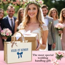 KongMoTree Bride Wedding Tote Bag, Bridal Shower Gifts, Bachelorette Party Bags, Coquette Bow Tote Bag with Floral for Wedding Engagement Bachelorette Party Honeymoon Travel - Maid of Honor Blue