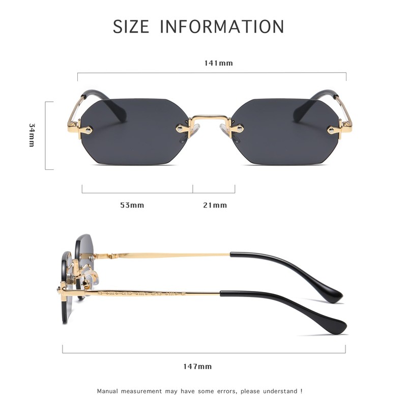 RUNHUIS Retro Rimless Rectangular Sunglasses for Women Men Vintage Hexagon