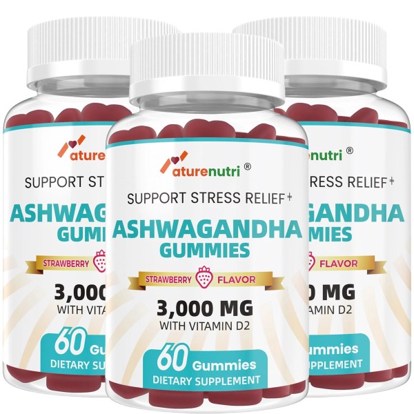 Naturenutri 3Packs - Strawberry Ashwagandha Gummies 3000mg, Enriched with Vitamin
