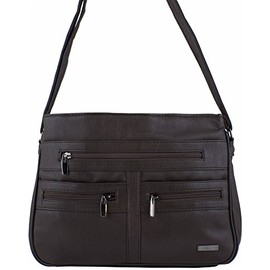 Large Faux Leather Handbag/Shoulder Bag with 7 Zip Compartments & Double Zip Top (Dark Brown)