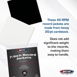 BCW 7 Inch Record Paper Jacket - No Hole - White (Pack of 10) | Heavy 20-Point Cardboard Jacket Covers | Perfect for 45 RPM Record Protection and Storage | Archival Quality Record Jackets