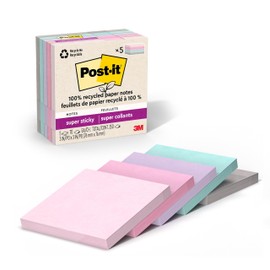 Post-it 100% Recycled Paper Super Sticky Notes, 3 in. x 3 in., 5 Pads, 70 Sheets per Pad, Wanderlust Pastels, New Year Organization or Second Semester School Supplies