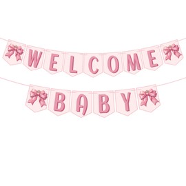 BOXOB Welcome Baby Sign Banner, Pink Bow Welcome Baby Party Decorations Sweet Pre-String Party Photo Backdrop and Props for Gender Reveal & Baby Shower Decorations Supplies