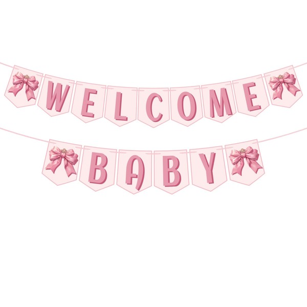 BOXOB Welcome Baby Sign Banner, Pink Bow Welcome Baby Party